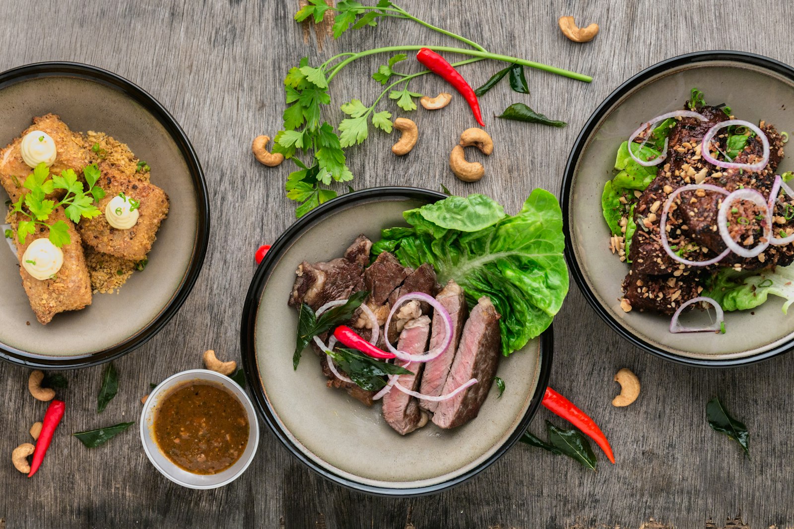 Plated dishes on a wooden table